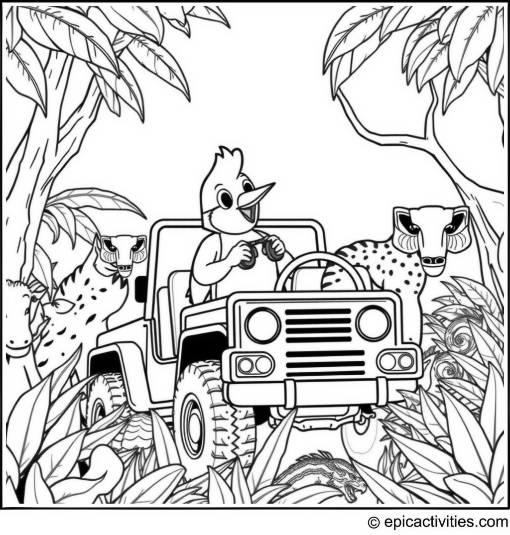 Coloring page of a Cartoon Robin in a Jungle Safari