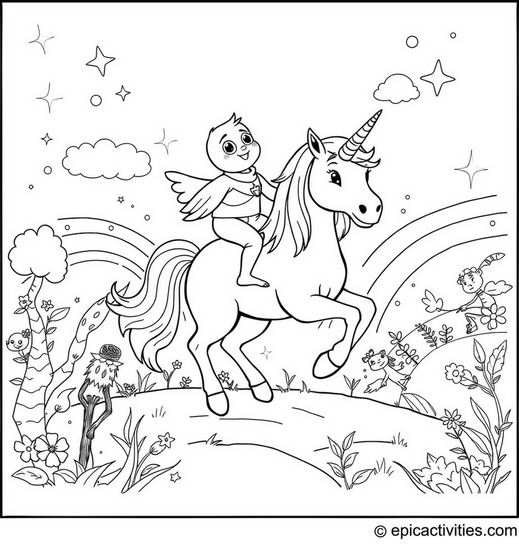 Coloring page of a Cartoon Robin Riding a Magical Unicorn