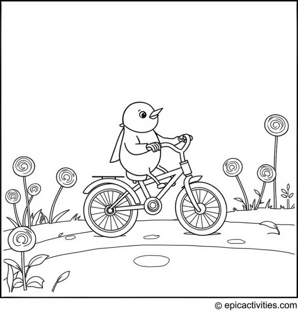Coloring page of a Cartoon Robin Riding a Tricycle on a Lollipop Path