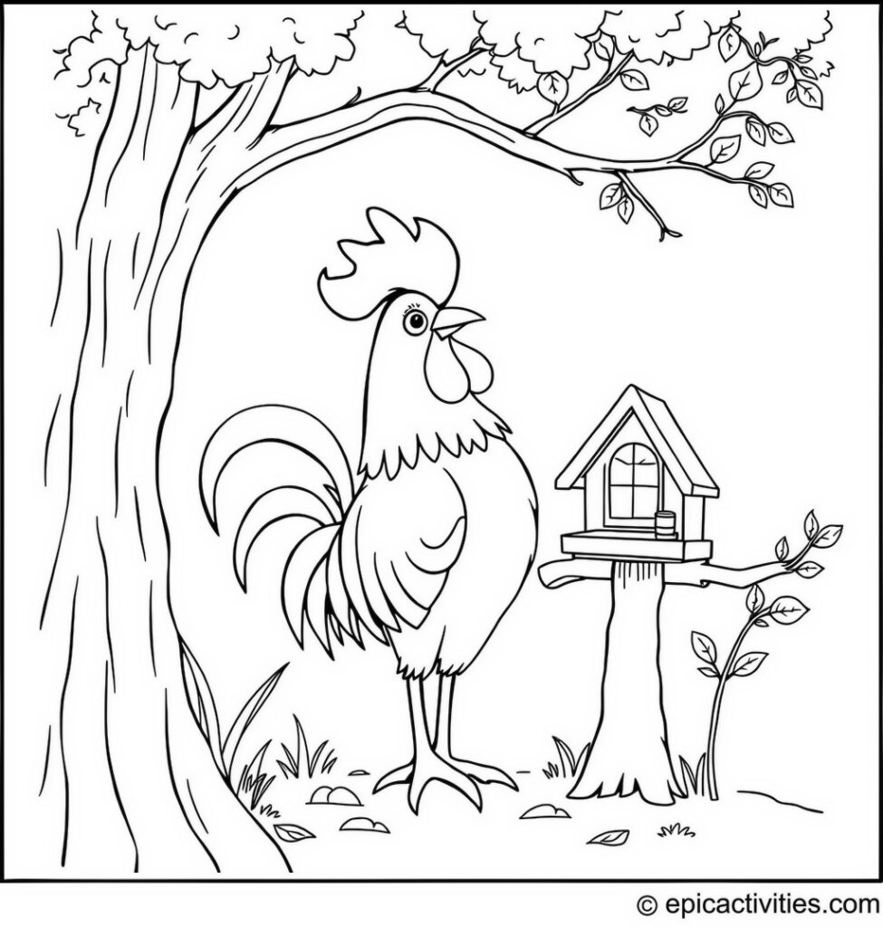 Coloring page of a Cartoon Rooster Building a Whimsical Birdhouse