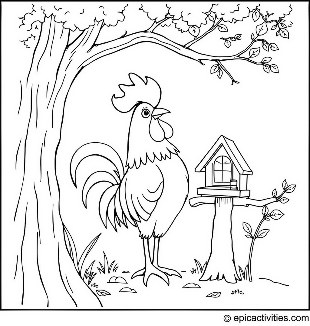 Coloring page of a Cartoon Rooster Building a Whimsical Birdhouse