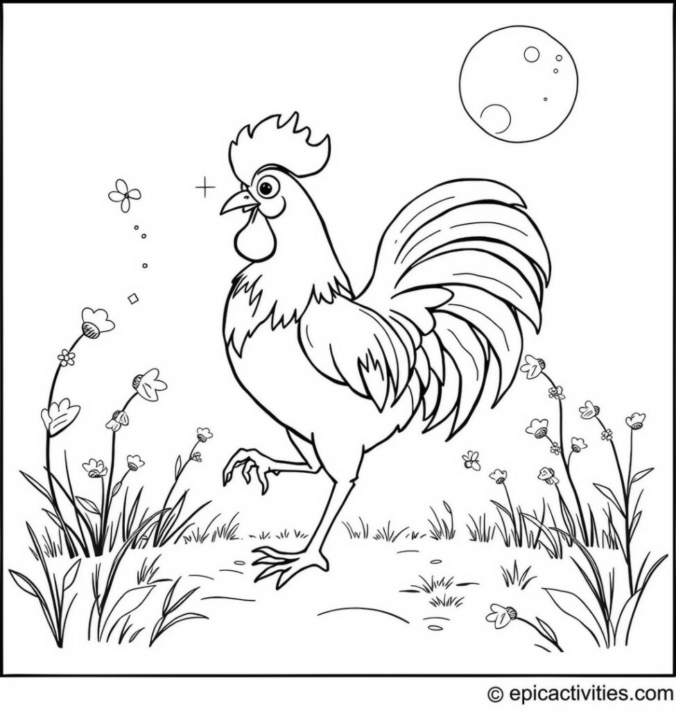 Coloring page of a Cartoon Rooster Dancing with Fireflies Under a Moonlit Sky
