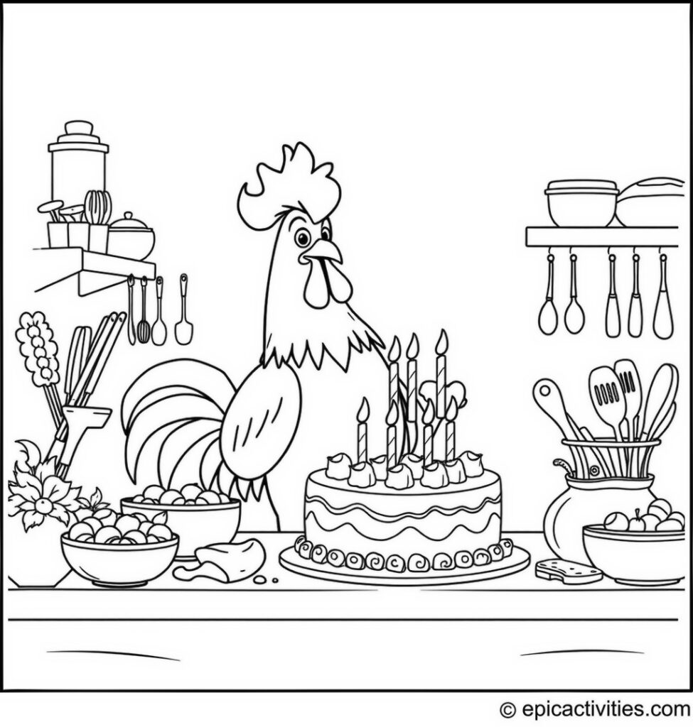 Coloring page of a Cartoon Rooster Decorating a Birthday Cake