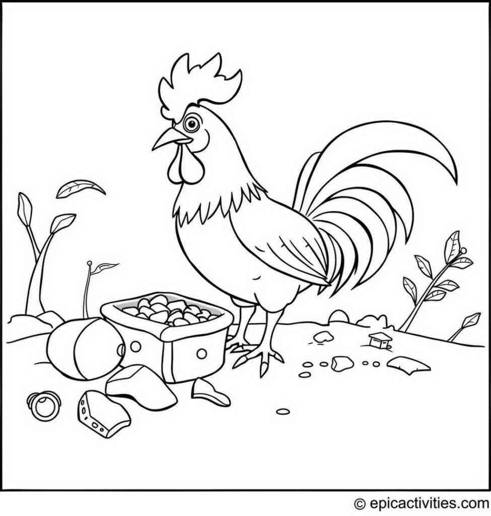 Coloring page of a Cartoon Rooster Finding Treasure on a Pirate Adventure