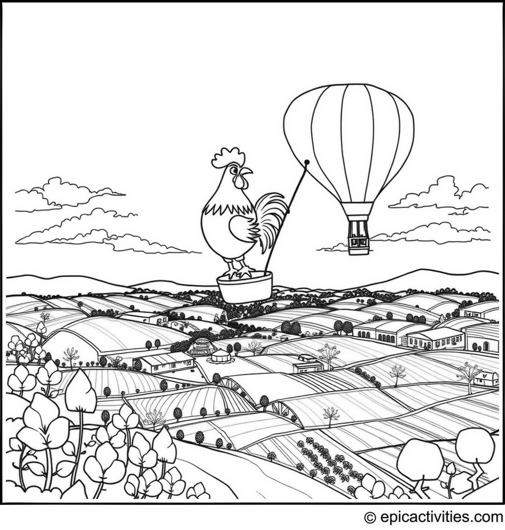 Coloring page of a Cartoon Rooster Flying a Hot Air Balloon Over Fields and Farms