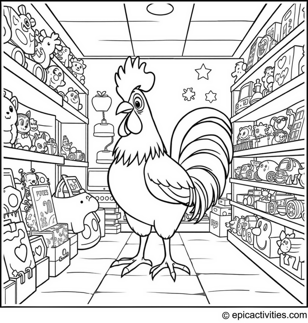 Coloring page of a Cartoon Rooster in a Toy Shop
