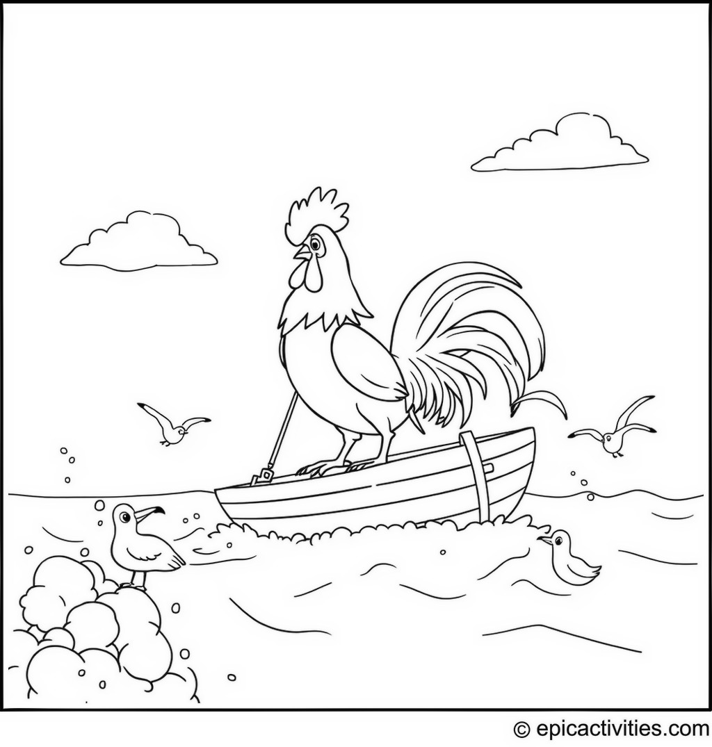 Coloring page of a Cartoon Rooster Parasailing at a Whimsical Beach with Seagulls