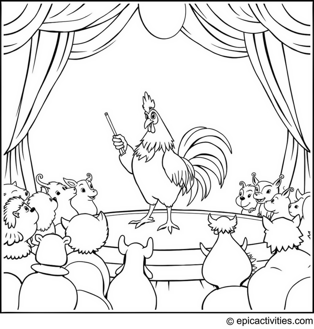 Coloring page of a Cartoon Rooster Performing Magic Tricks on Stage with Animal Audience