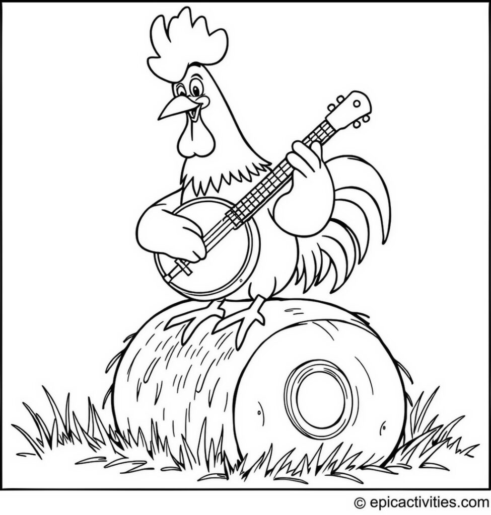 Coloring page of a Cartoon Rooster Playing the Banjo on a Hay Bale