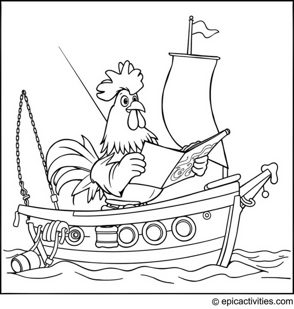 Coloring page of a Cartoon Rooster Reading a Treasure Map on a Pirate Ship