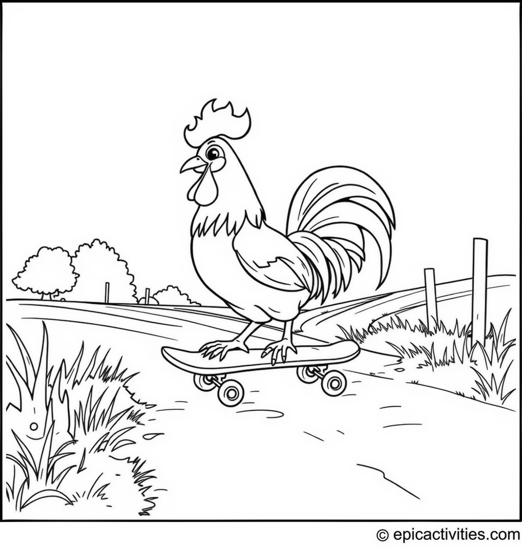 Coloring page of a Cartoon Rooster Riding on a Skateboard