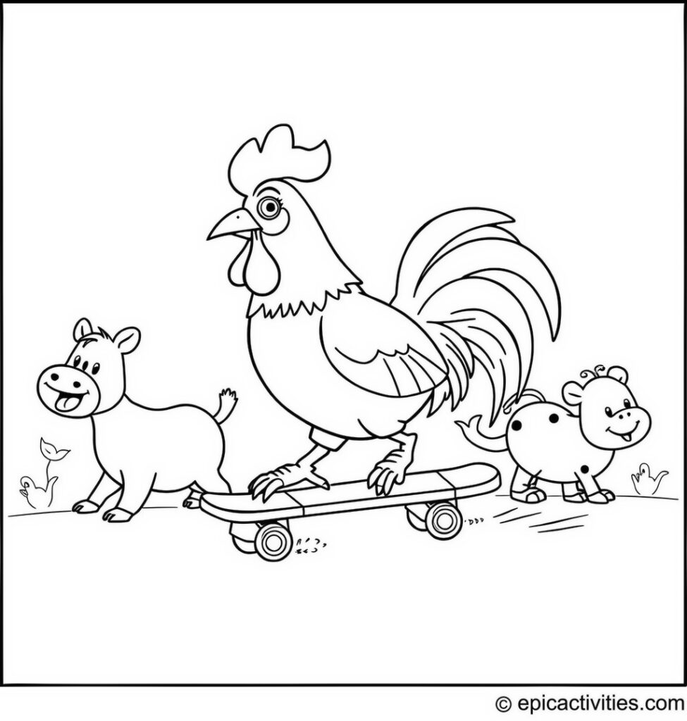 Coloring page of a Cartoon Rooster Rollerblading with Farm Animals