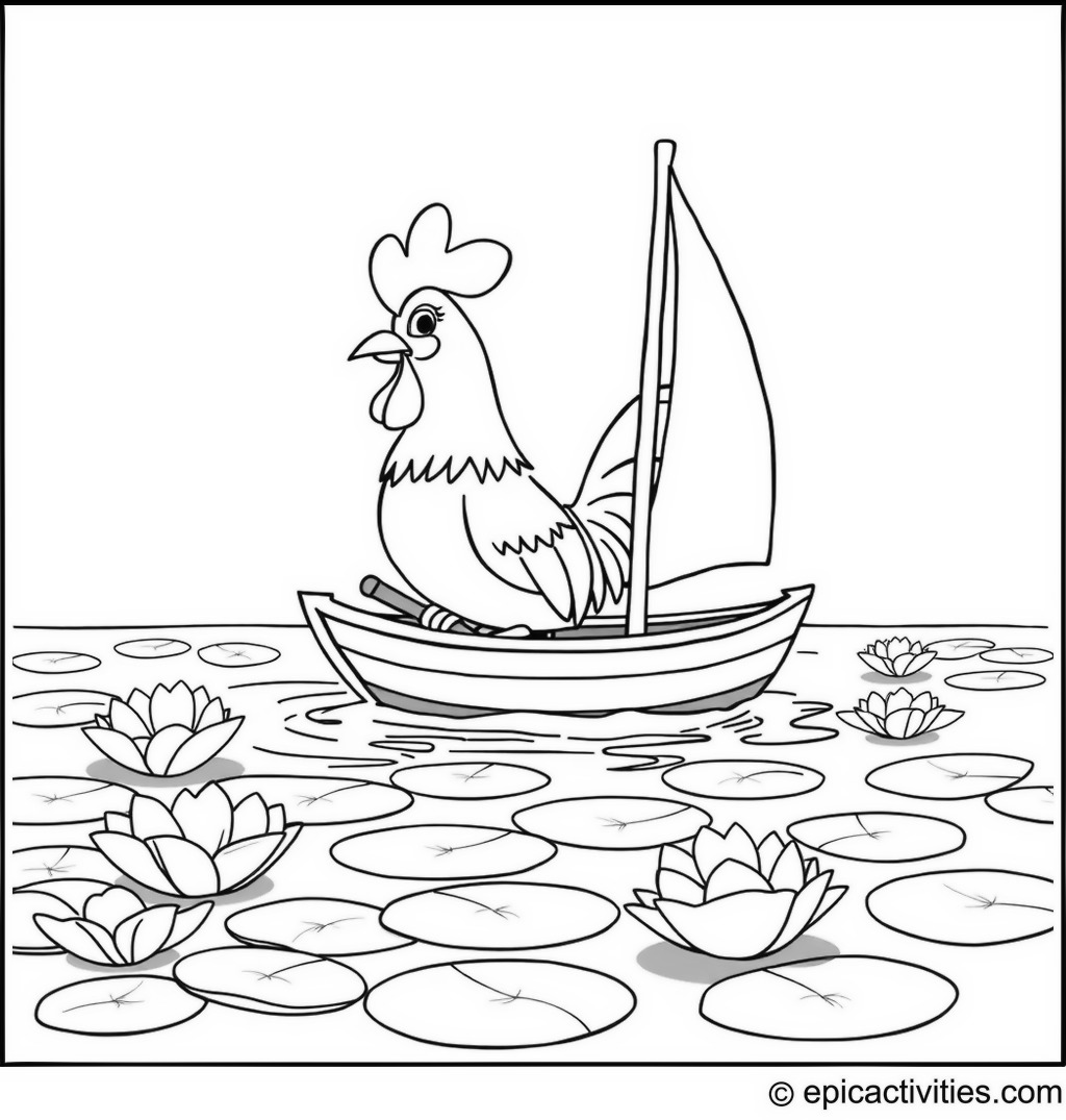 Coloring page of a Cartoon Rooster Sailing a Small Boat on a Lily Pad Pond