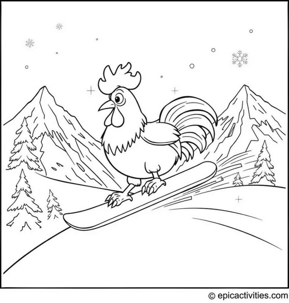 Coloring page of a Cartoon Rooster Snowboarding Down a Mountain