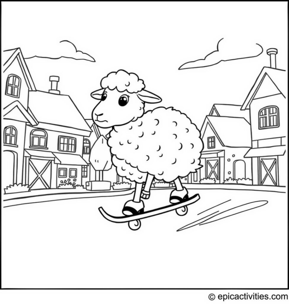 Coloring page of a Cartoon Sheep Roller Skating Through an Animated Farm Town