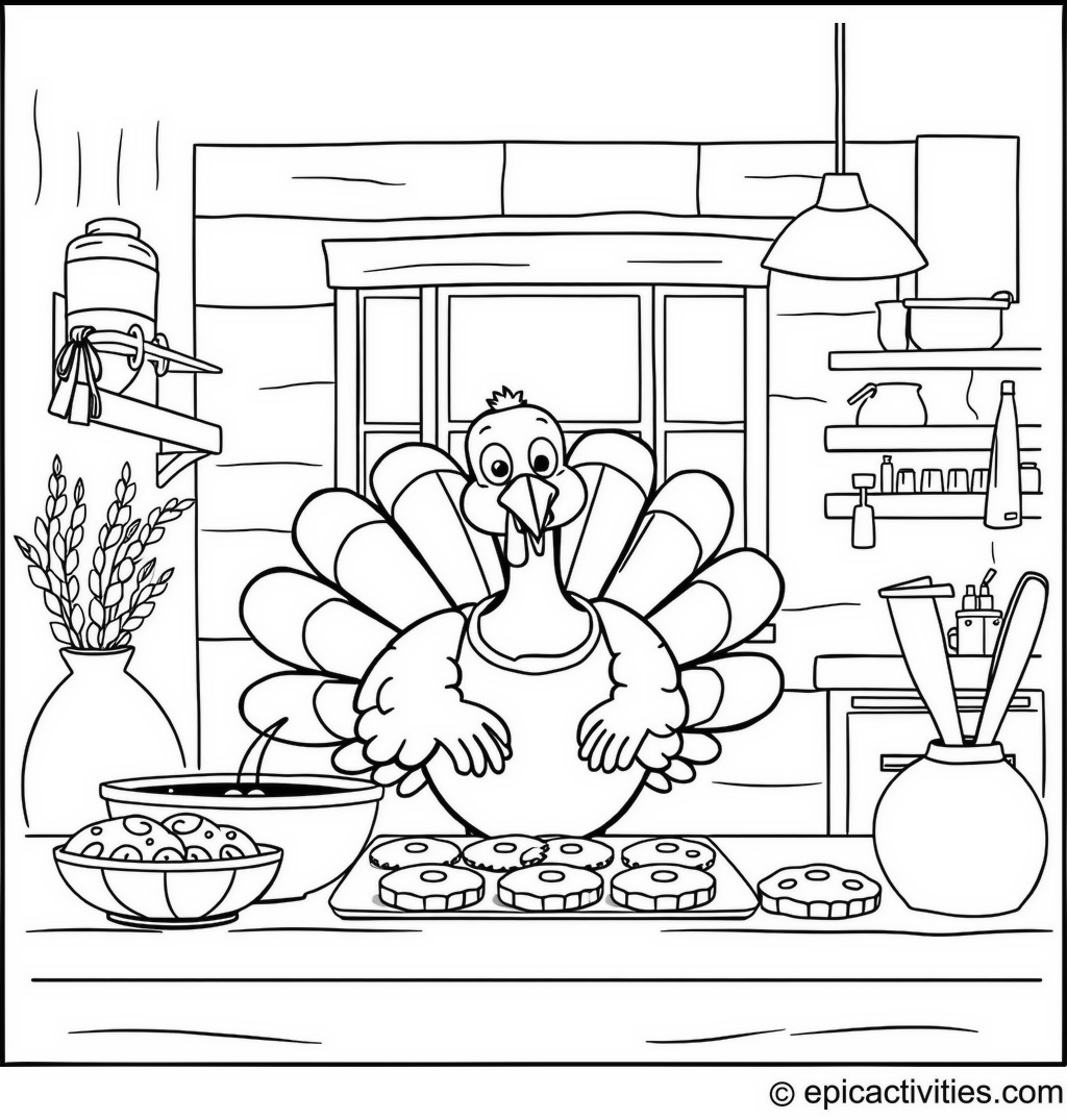 Coloring page of a cartoon turkey baking cookies in a cozy kitchen