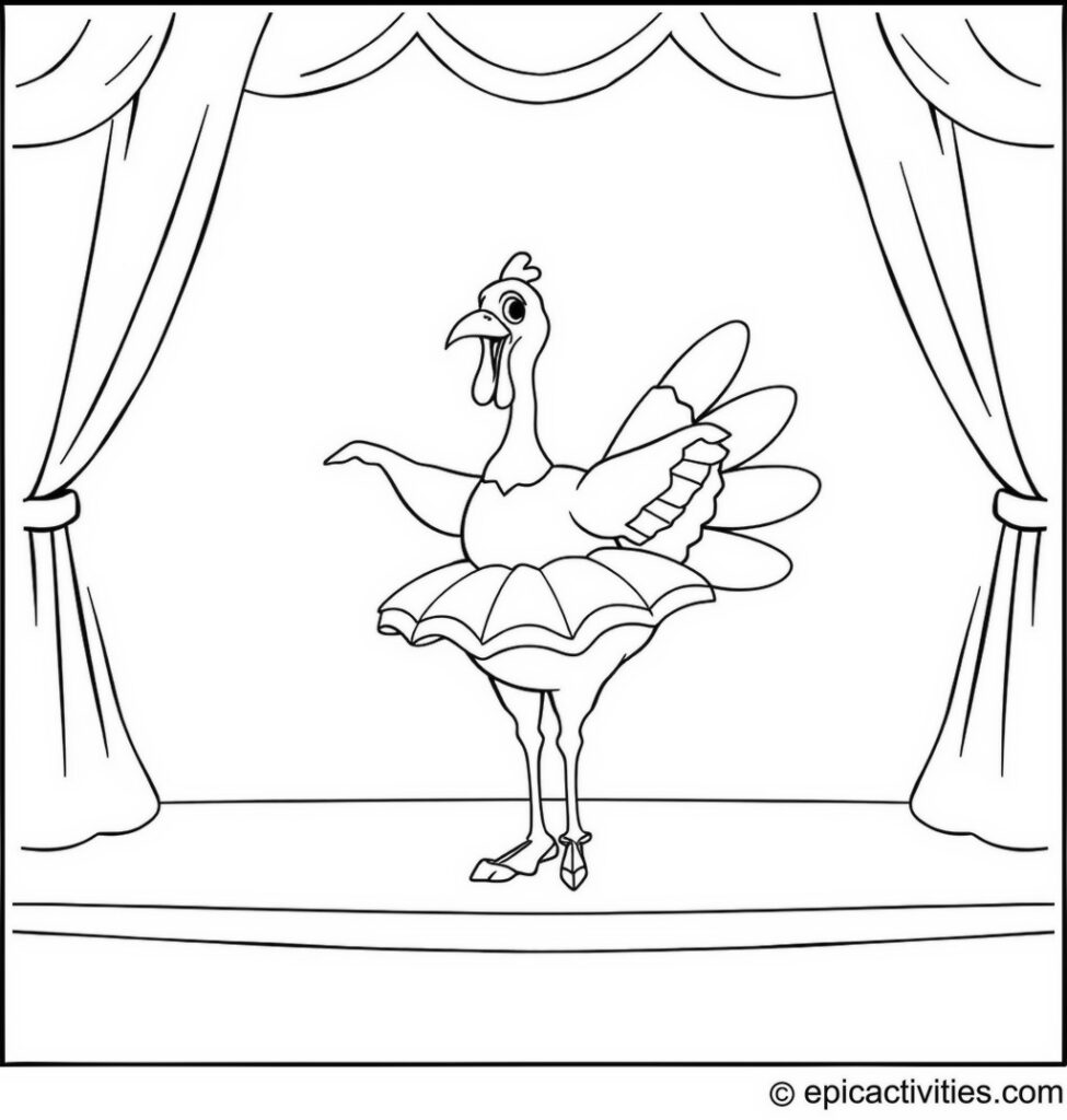 Coloring page of a Cartoon Turkey Ballet Recital