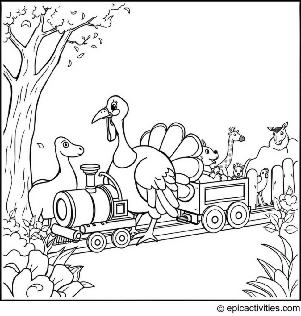 Coloring page of a cartoon turkey enjoying a day at the zoo