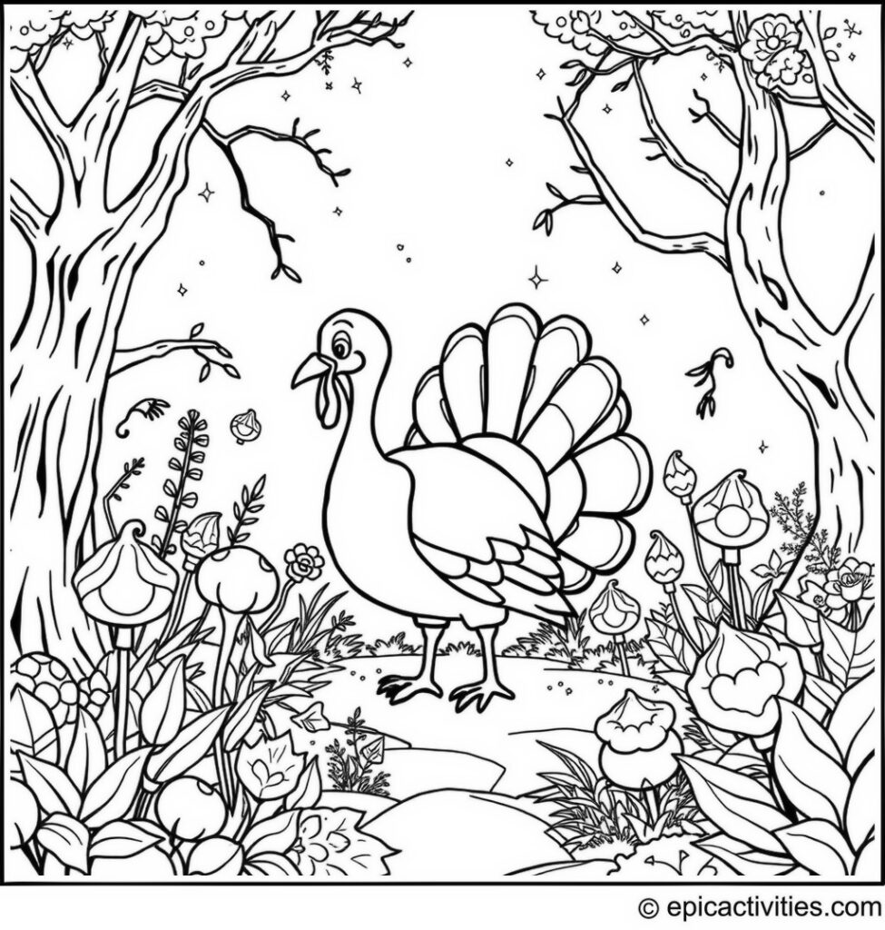 Coloring page of a cartoon turkey exploring an enchanted forest