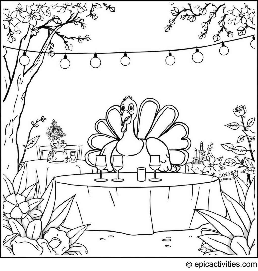 Coloring page of a Cartoon Turkey Garden Party