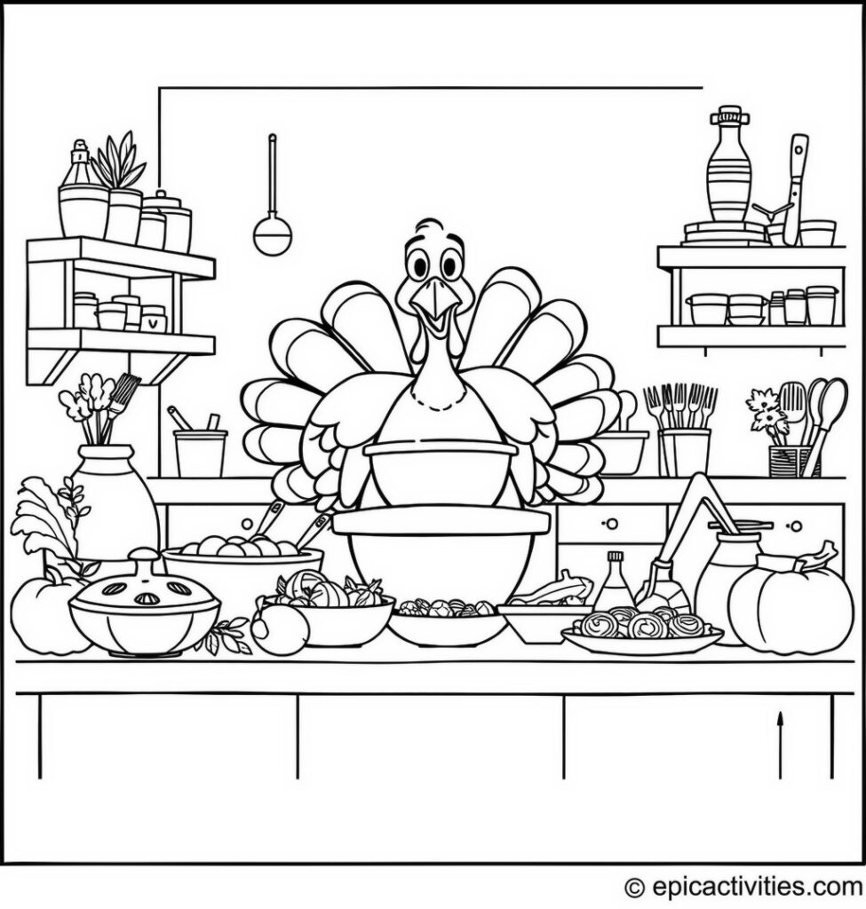Coloring page of a Cartoon Turkey Hosting a Cooking Show