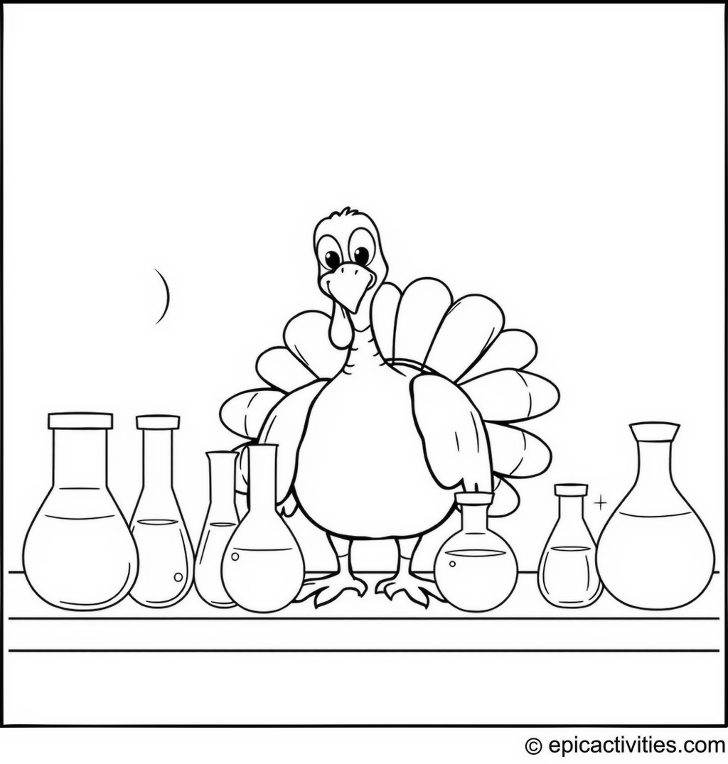 Coloring page of a Cartoon Turkey in a Science Lab Experimenting with Test Tubes and Beakers