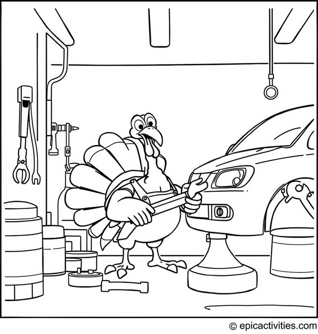 Coloring page of a Cartoon Turkey Mechanic