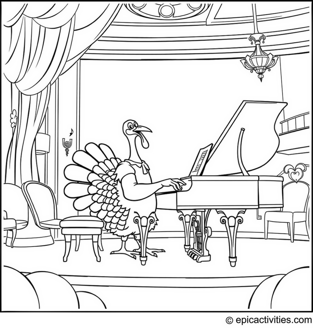 Coloring page of a cartoon turkey playing piano in a fancy concert hall