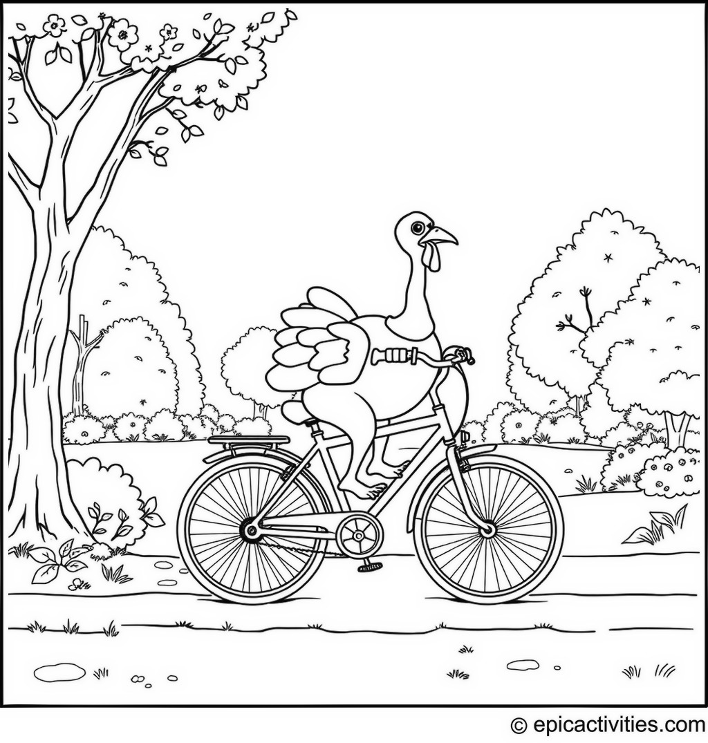 Coloring page of a cartoon turkey riding a bicycle through a park