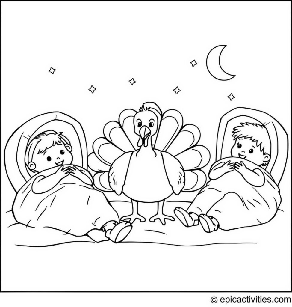 Coloring page of a Cartoon Turkey Sleepover Party