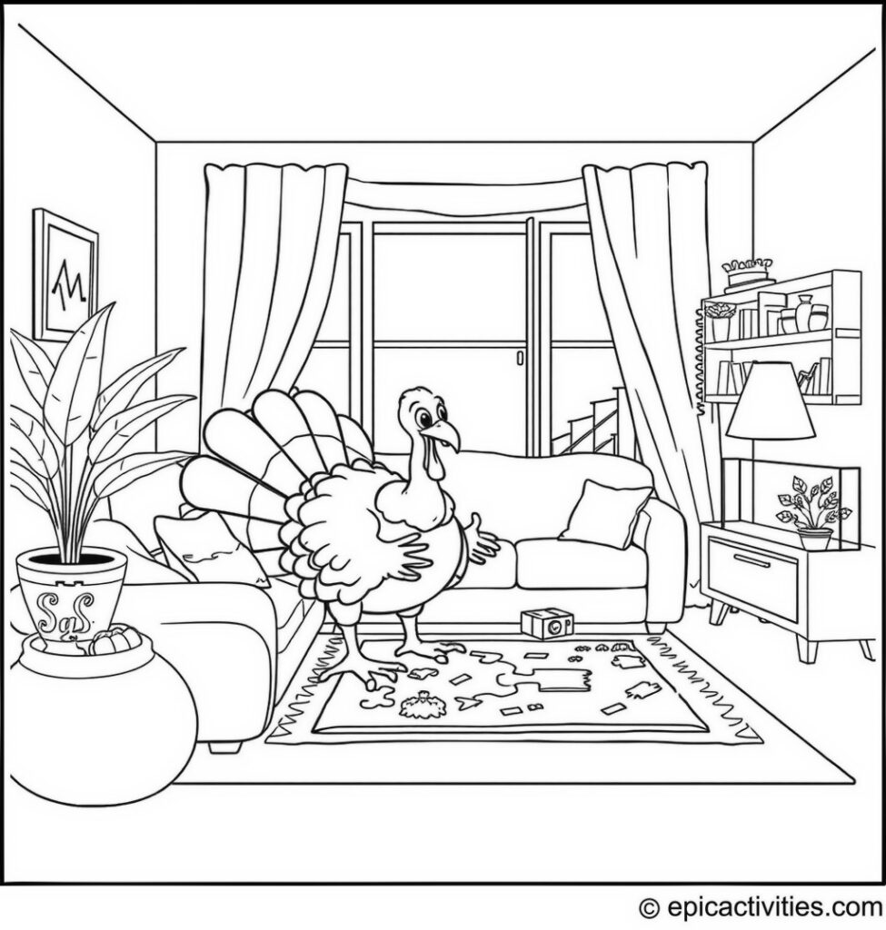 Coloring page of a Cartoon Turkey Solving a Puzzle in a Cozy Living Room