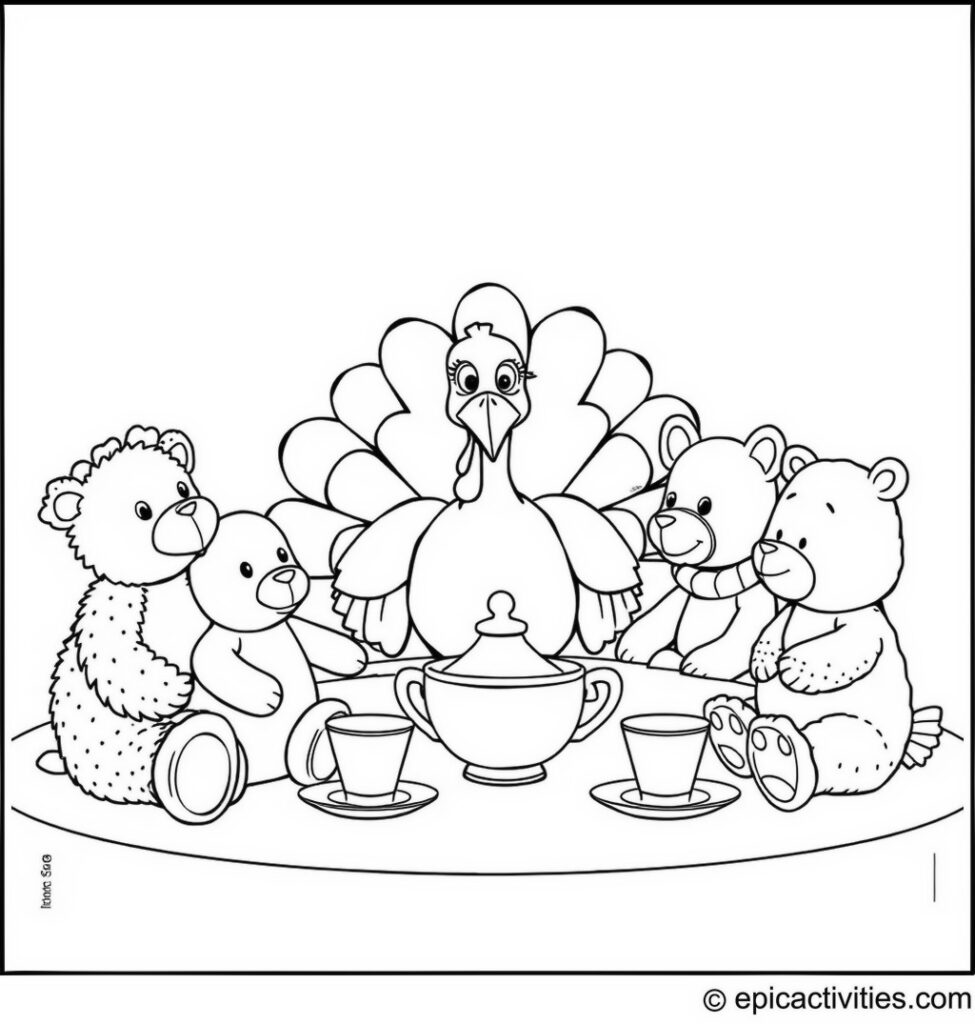 Coloring page of a Cartoon Turkey Tea Party with Stuffed Animals