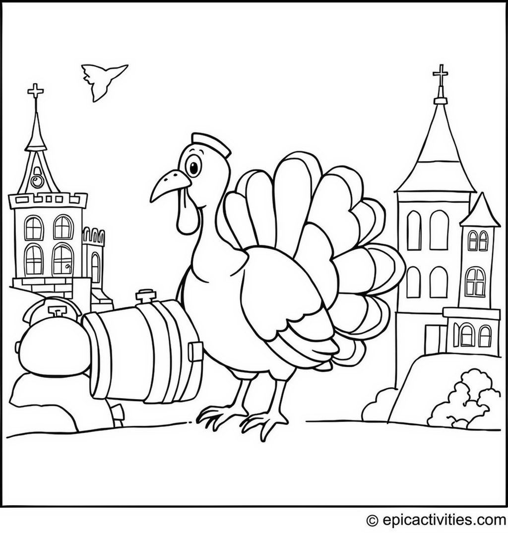 Coloring page of a Cartoon Turkey Time Traveling Adventure
