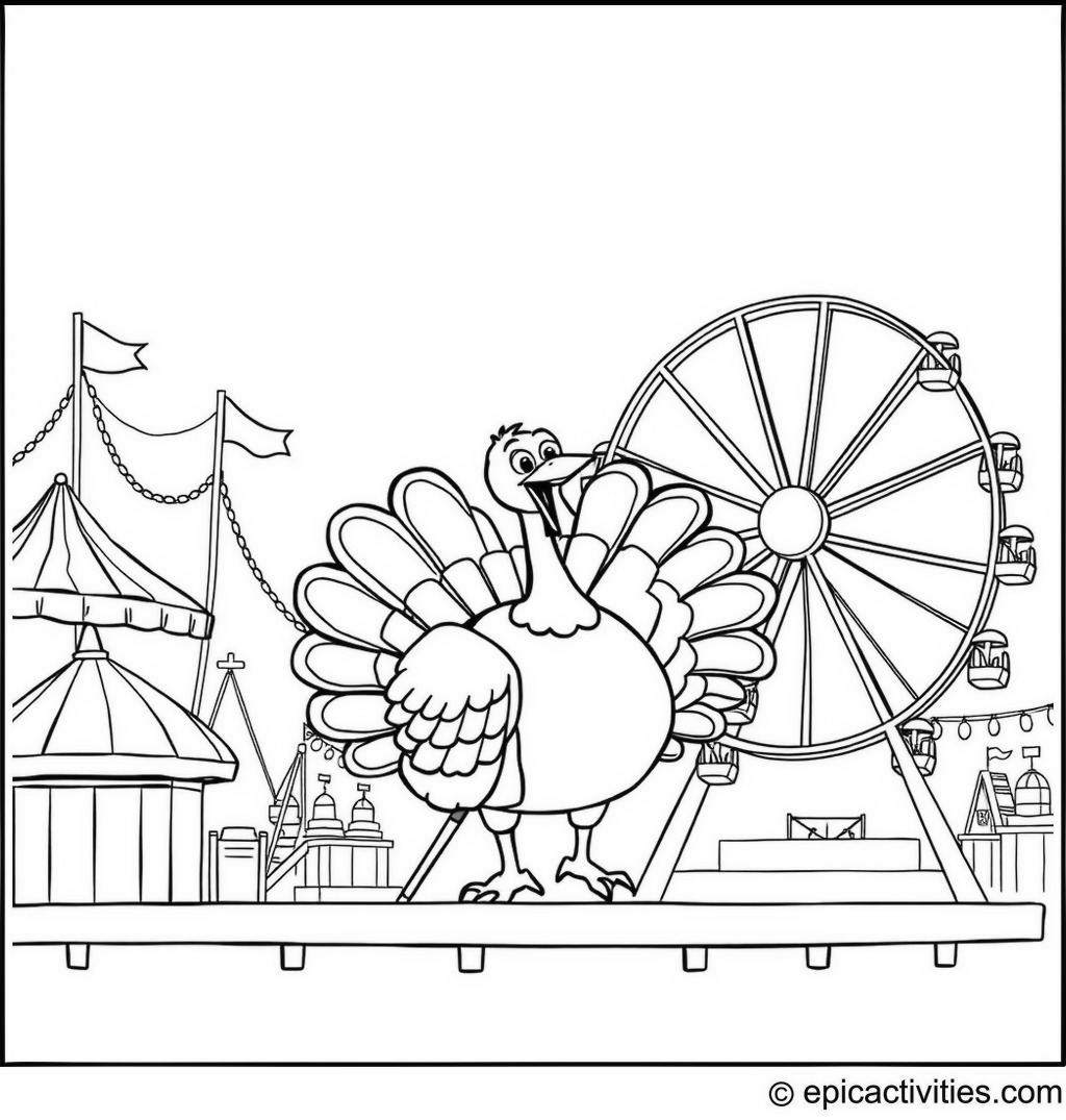 Coloring page of a Cartoon Turkey Visiting a Fairground
