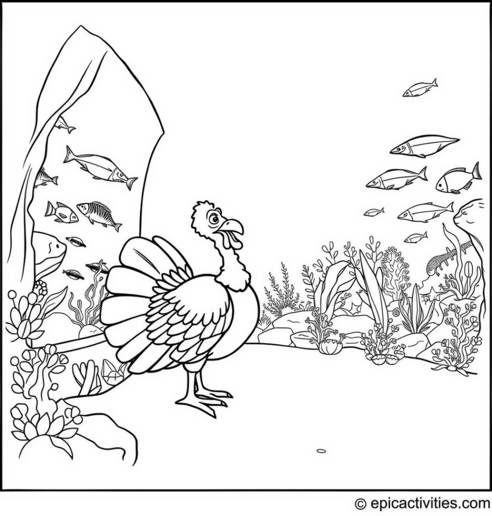 Coloring page of a Cartoon Turkey Visiting an Aquarium