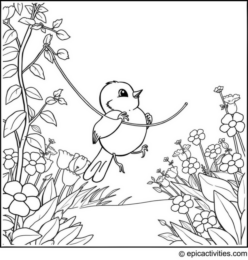 Coloring page of a Cheerful Chickadee Jumping Rope with Friends in a Garden