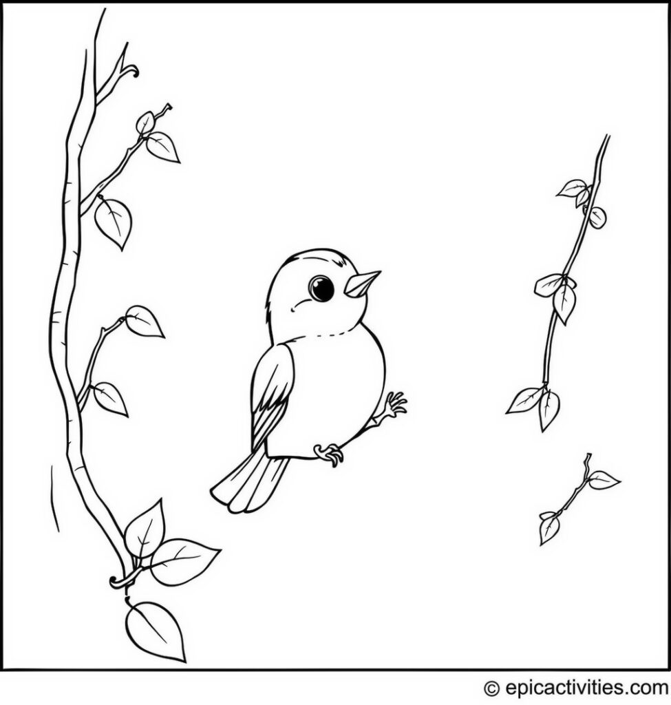 Coloring page of a Cheerful Chickadee Playing with a Vine Jumprope