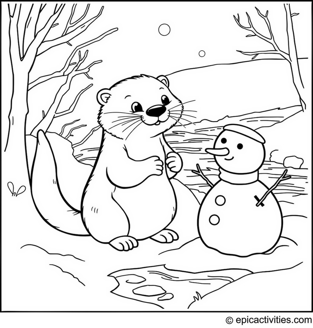 Coloring page of a cheerful otter building a snowman by a frozen stream