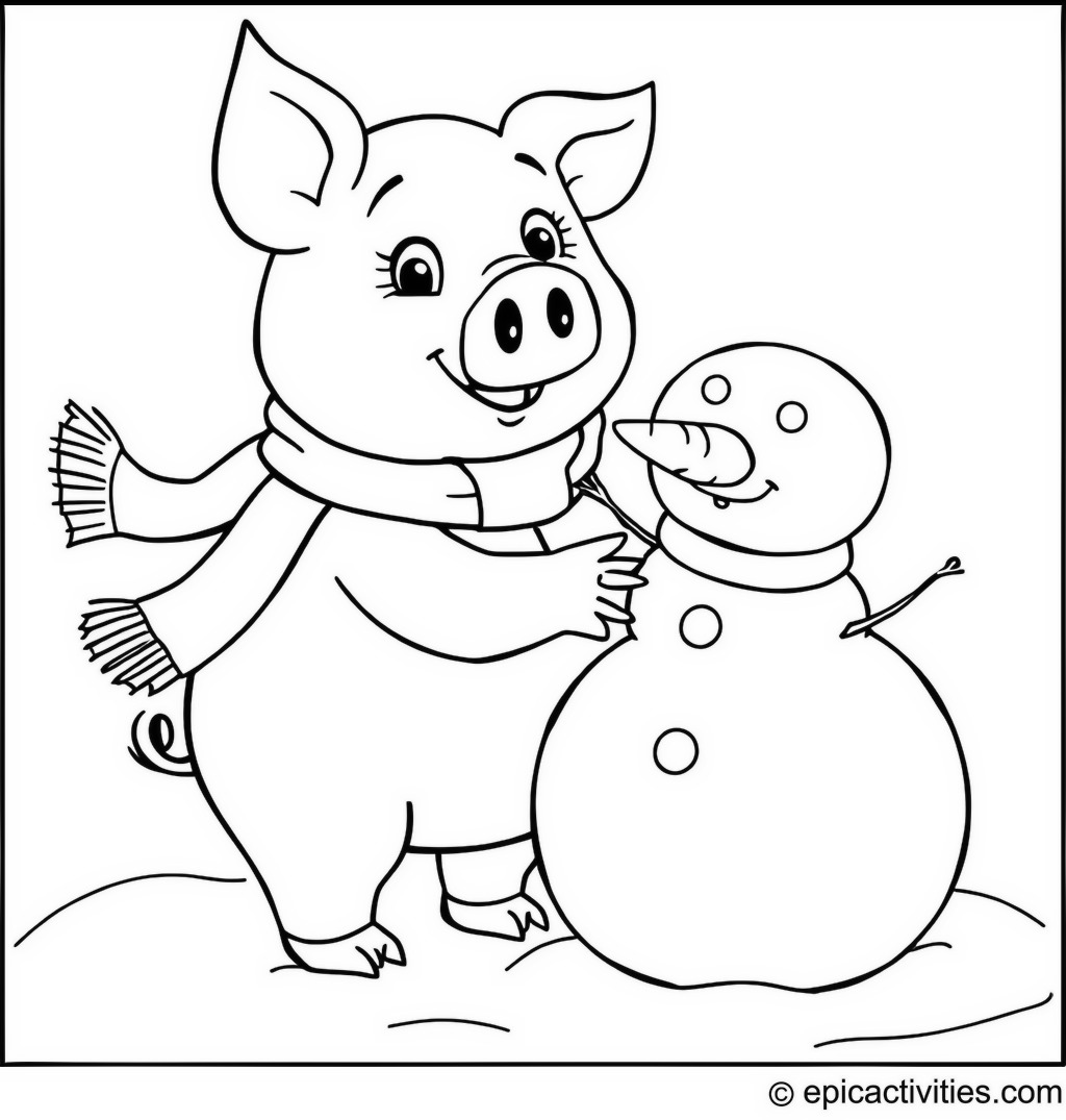 Coloring page of a cheerful pig making a snowman with a carrot nose and scarf