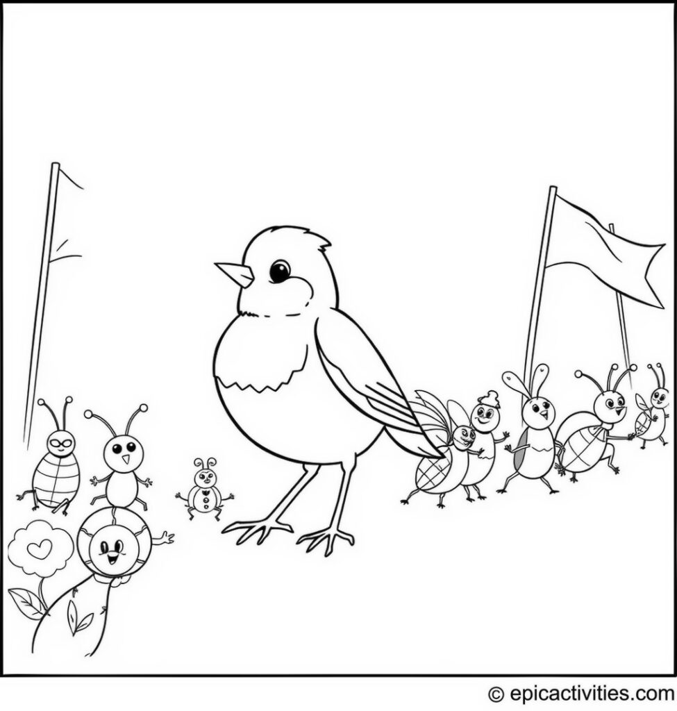 Coloring page of a Cheerful Robin Leading an Insect Parade