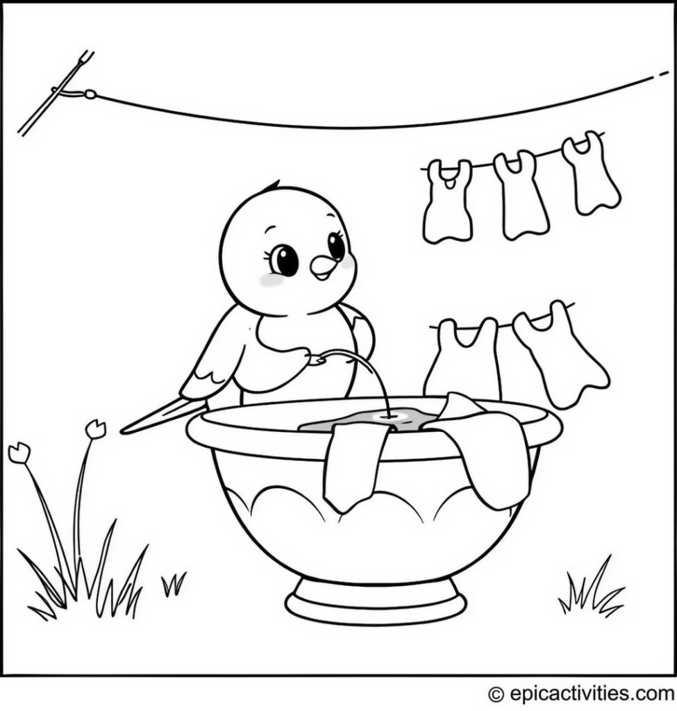 Coloring page of a cheerful robin washing clothes in a tiny washbasin