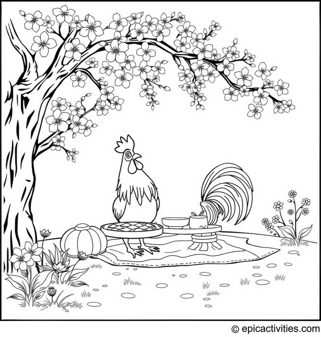 Coloring page of a cheerful rooster having a picnic under a cherry blossom tree