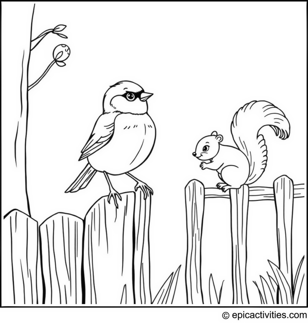 Coloring page of a Chickadee and Squirrel Friends on a Fence