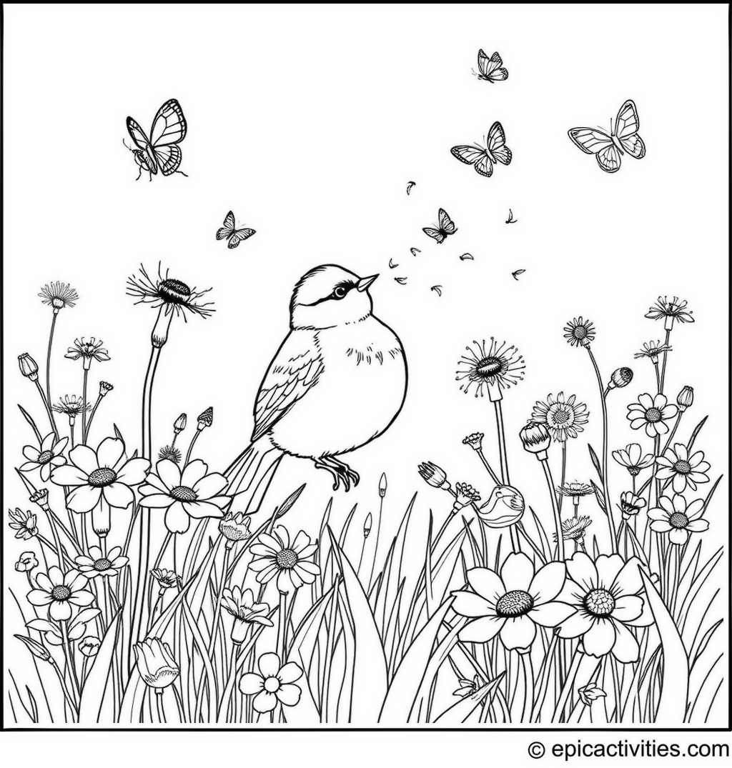 Coloring page of a Chickadee Blowing Dandelion Seeds in a Meadow