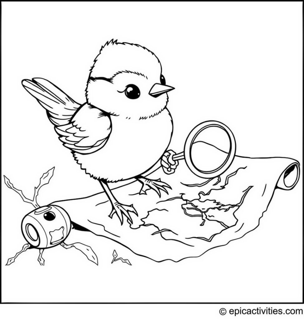 Coloring page of a Chickadee Exploring a Treasure Map
