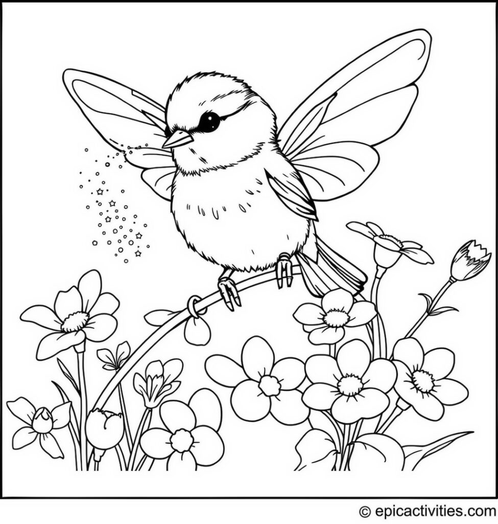 Coloring page of a Chickadee Fairy Sprinkling Glitter on Flowers