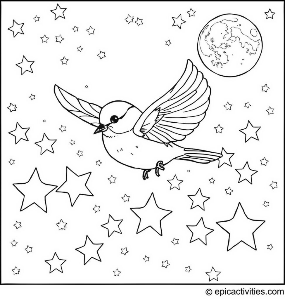 Coloring page of a Chickadee Flying Through a Starry Night Sky