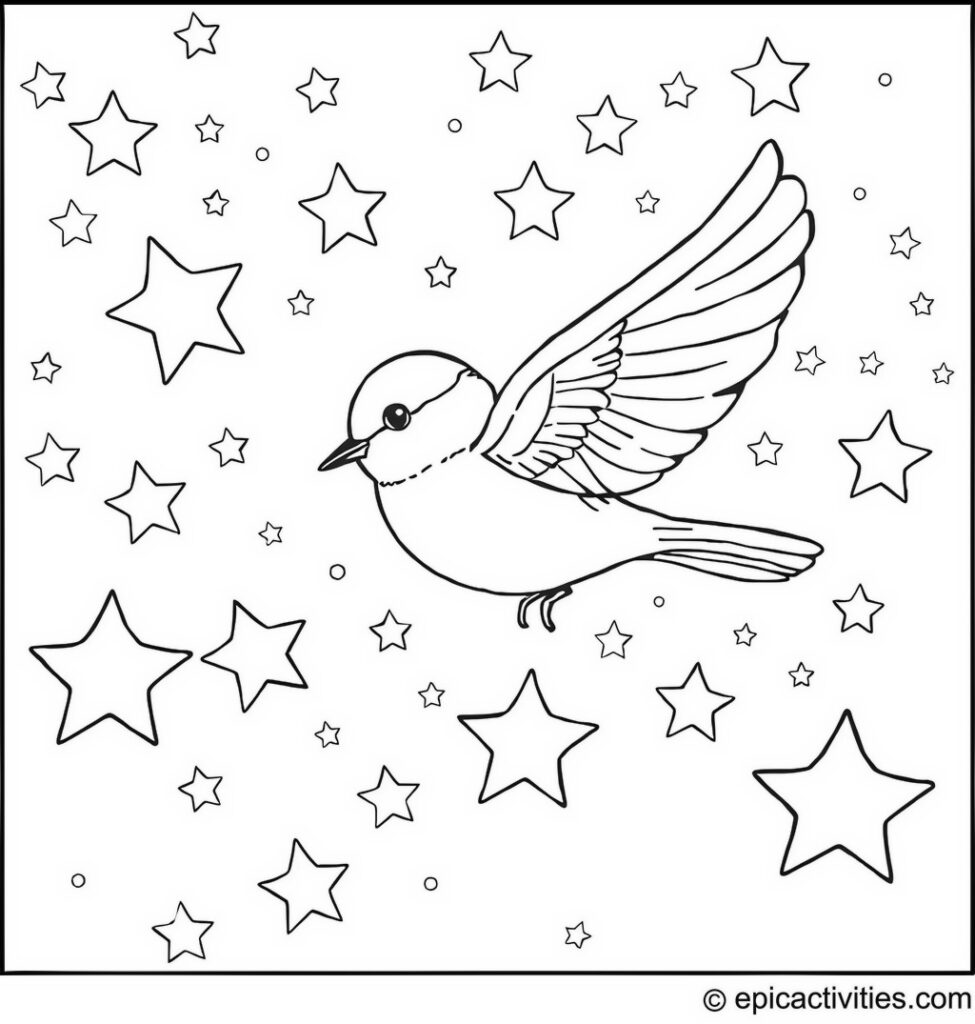 Coloring page of a Chickadee Flying Through a Spray of Stars in the Night Sky