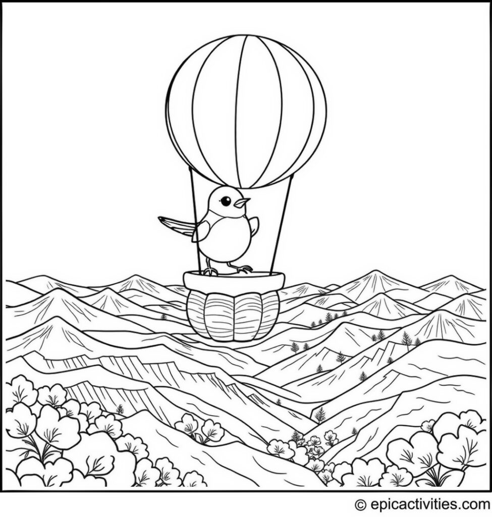 Coloring page of a Chickadee in a Walnut Shell Hot Air Balloon