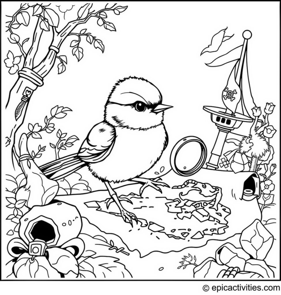 Coloring page of a Chickadee on a Treasure Hunt